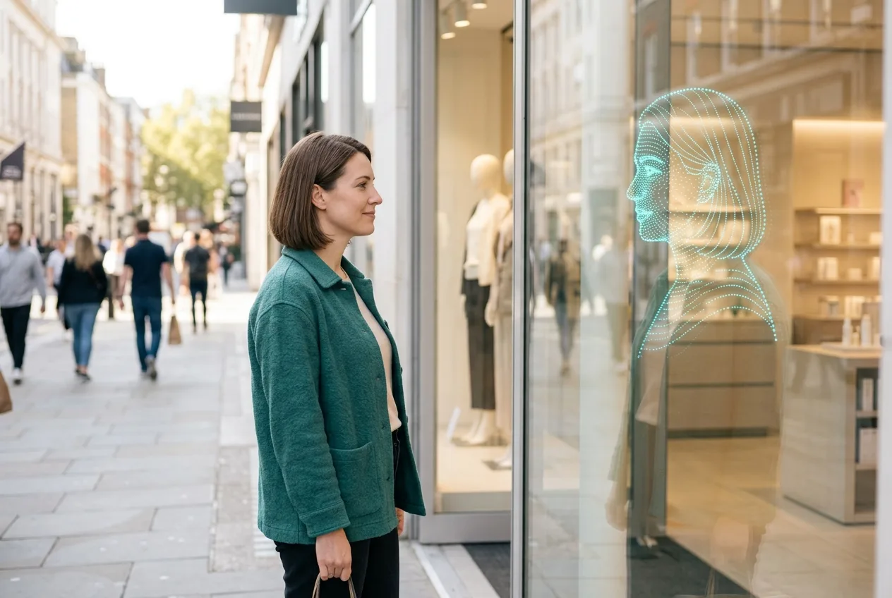 Mujer mirando su reflejo digital en una vitrina