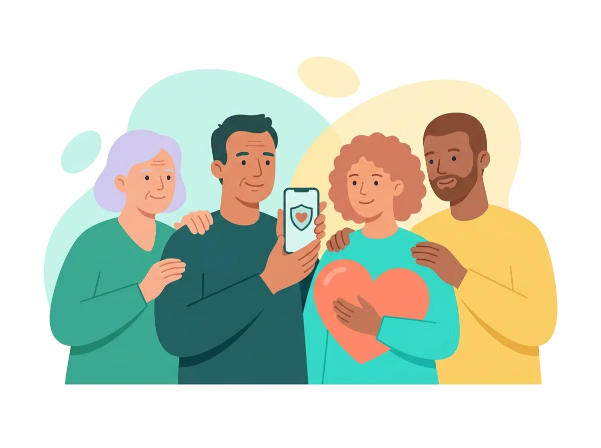 Ilustración de cuatro personas juntas que se apoyan; una sostiene un corazón y otra un celular con un escudo