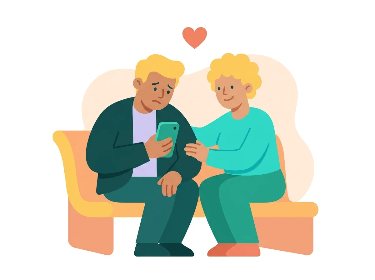 Ilustración de una persona que consuela a otra preocupada frente a su celular