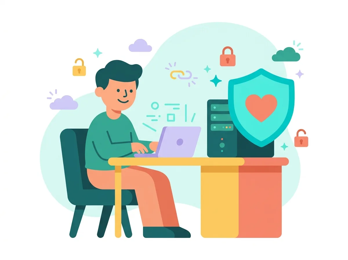 Ilustración de una persona en su computador junto a un servidor protegido por un escudo con un corazón