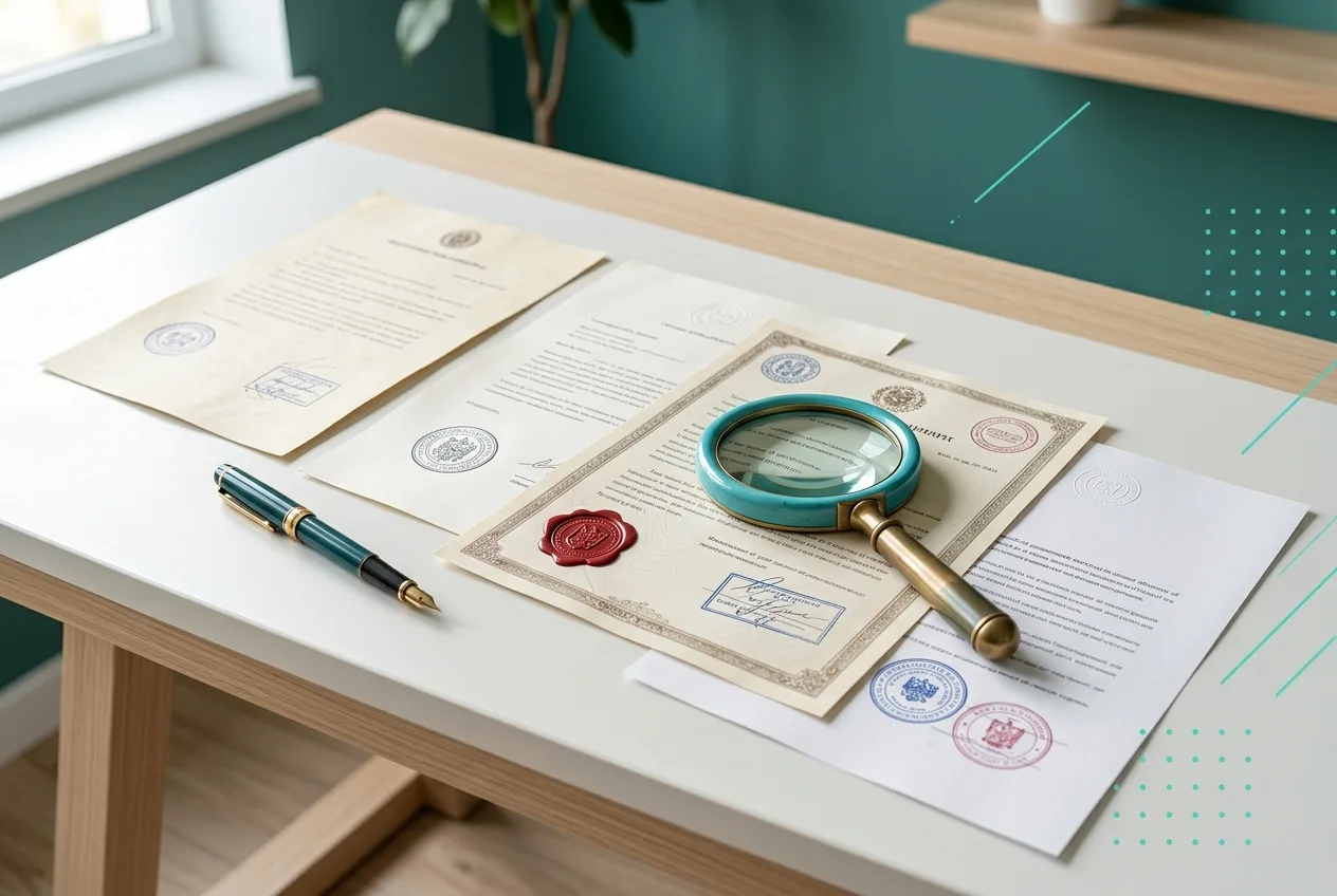Documentos oficiales con timbres y una lupa sobre un escritorio claro